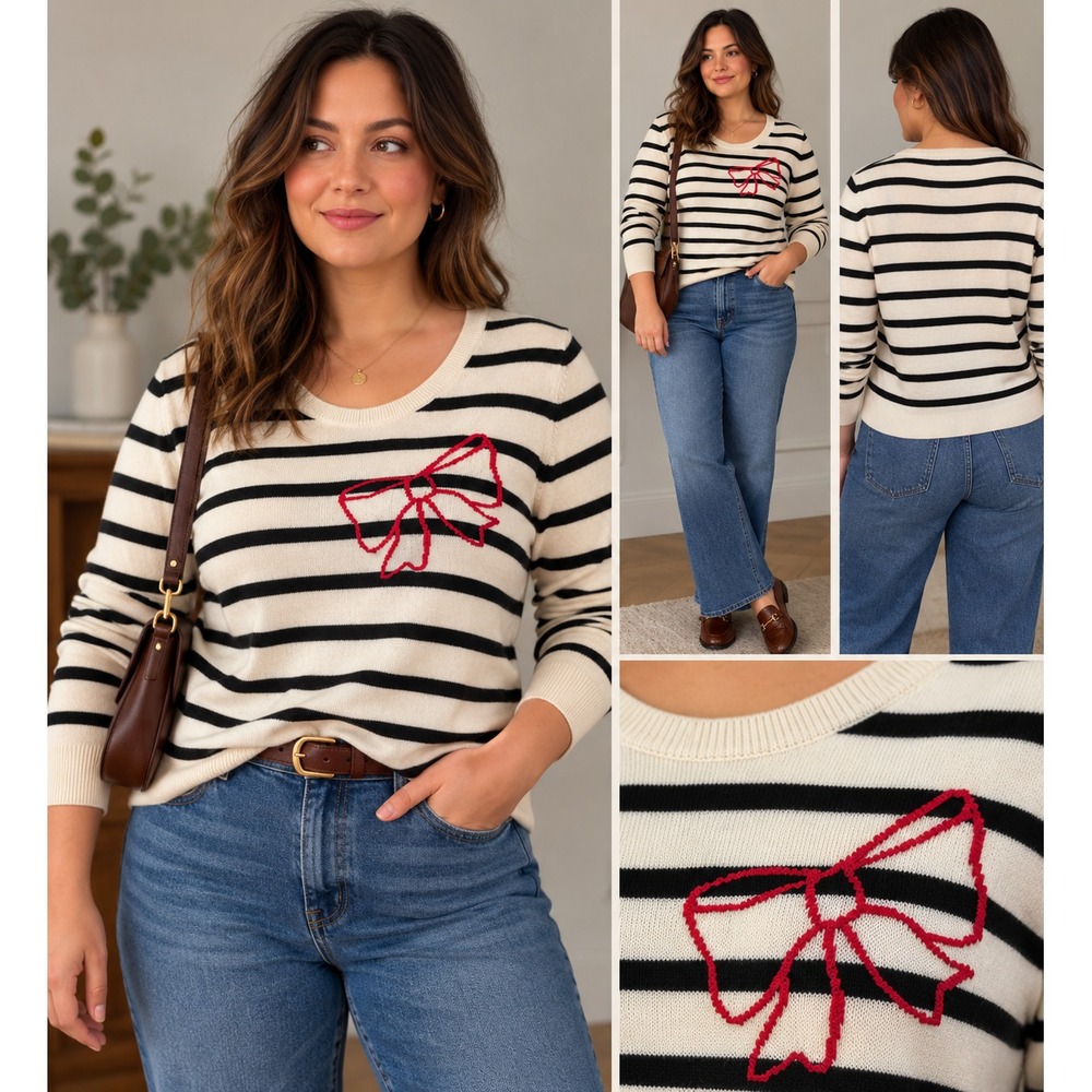 Gap Striped Crew Neck Sweater Women's Large Black White Red Bow Wool Blend